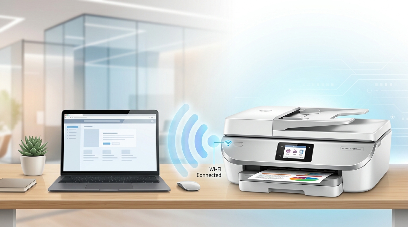 Modern wireless all-in-one printer connected to computer via Wi-Fi