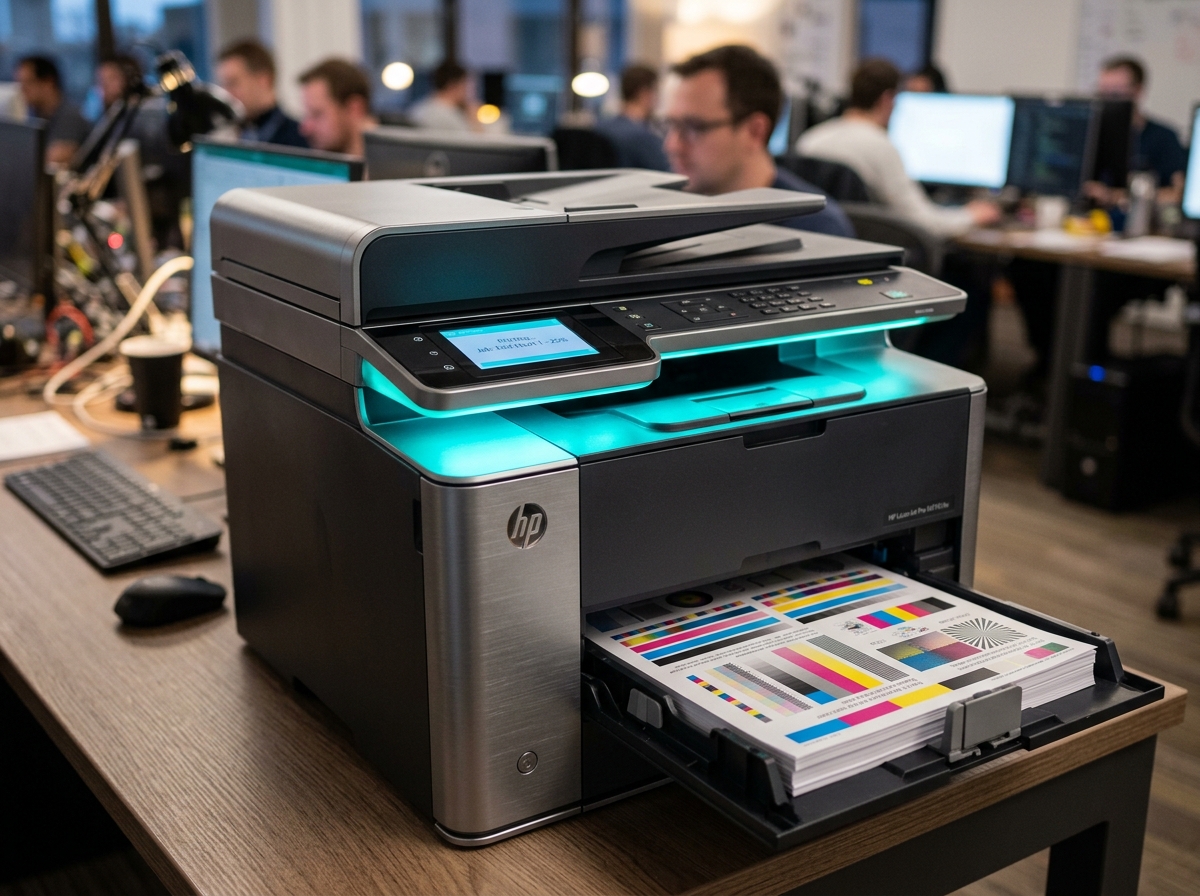 Close-up of modern all-in-one printer with test print sheet in output tray